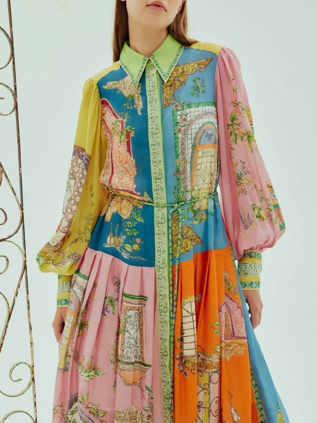 Button Down Garden Print Long Sleeve Midi Shirt Dress
