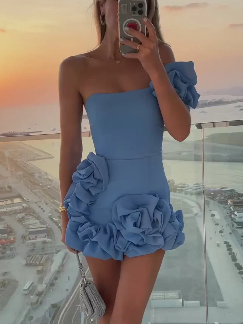 Elegant One-Shoulder Ruffle Slim Cotton Mini Dress