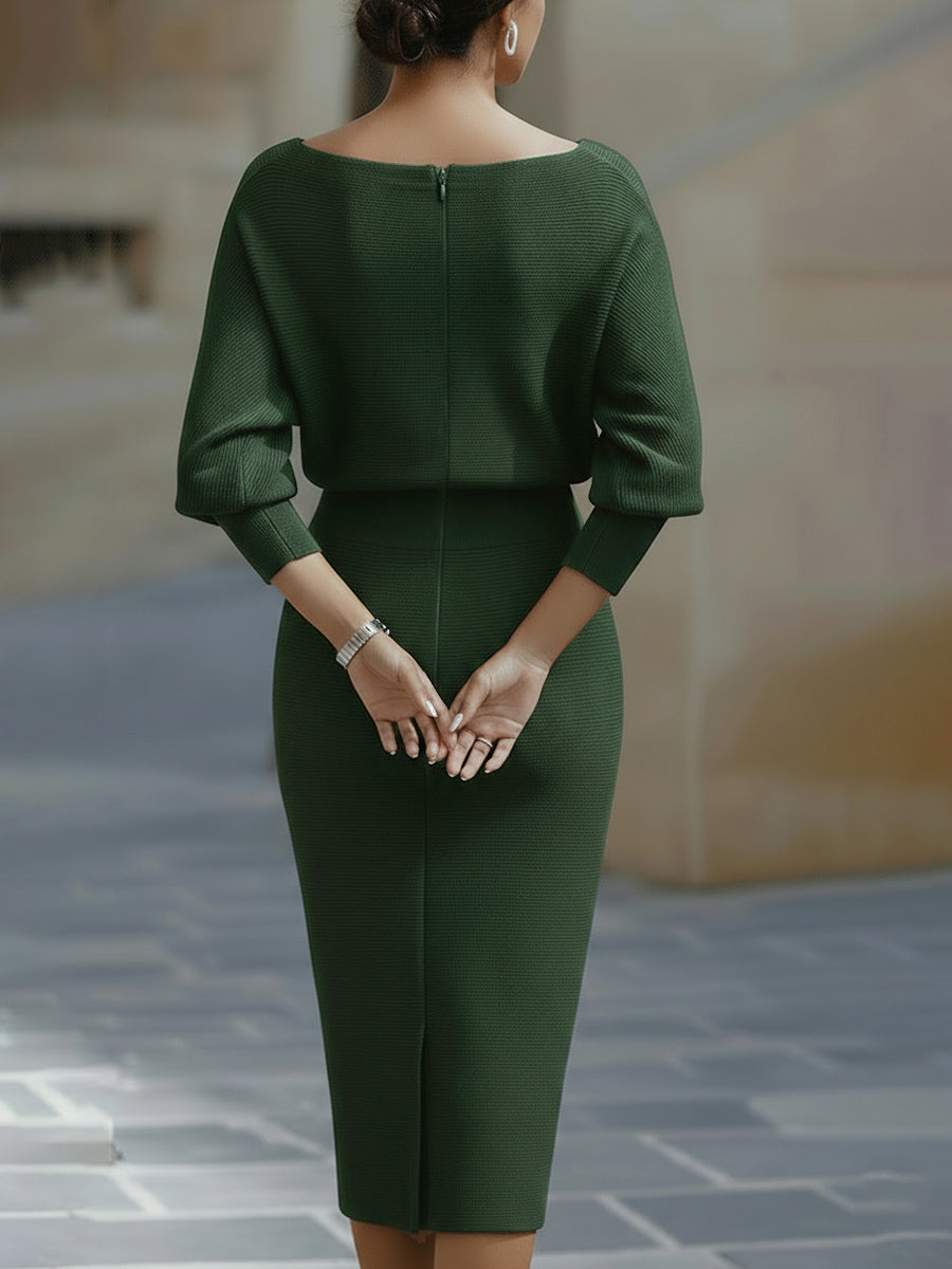 Green Bennett and Lowe Lydia draped batwing-sleeve midi dress for women, showcasing flowing fabric and elegant long sleeves.