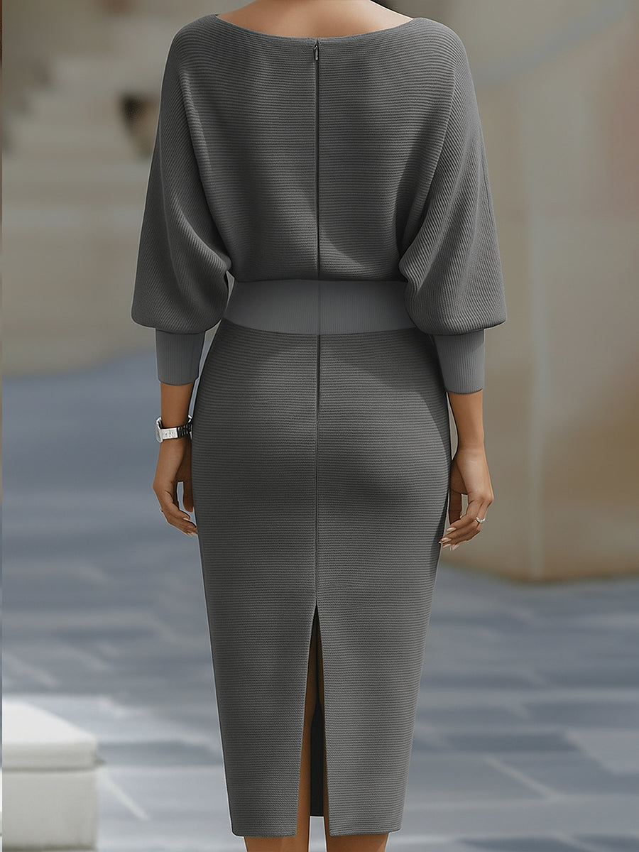 Grey Bennett and Lowe Lydia draped batwing-sleeve midi dress for women, featuring a long sleeve design and elegant draping.