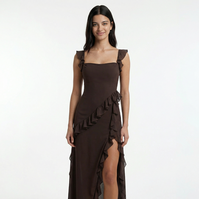 Women's Ruffle Maxi Dress Front Slit Evening Summer