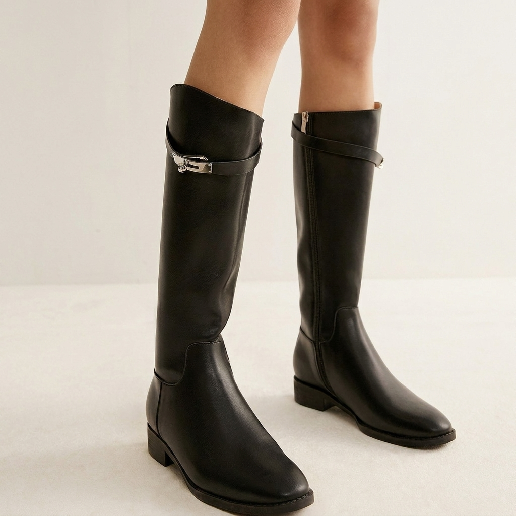Knee High Boots Belt Detail Block Heel Autumn Winter