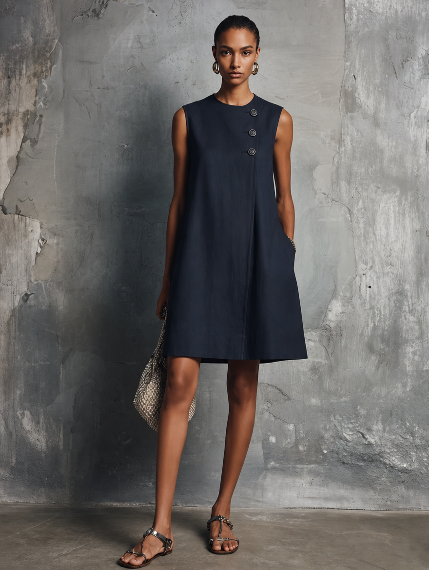 Aubrey Bennett and Lowe asymmetric button mini dress featuring a stylish silhouette, with buttons down the front and a modern design.