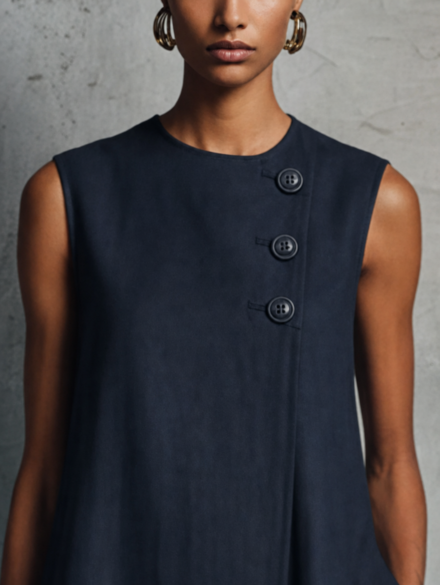 Aubrey Bennett and Lowe asymmetric button mini dress in black, featuring a stylish neckline and fitted silhouette.