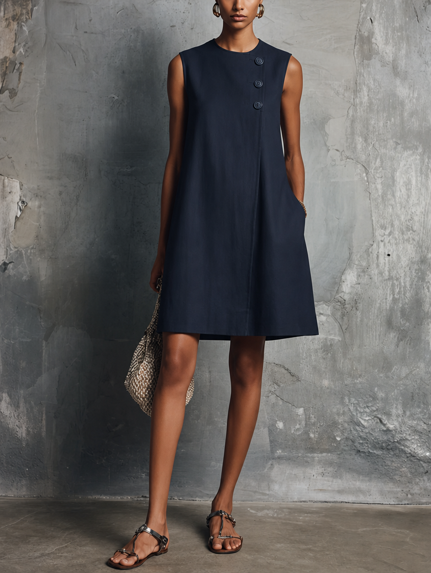 Aubrey Bennett and Lowe asymmetric button mini dress displayed on a hanger, showing its stylish design and button details.