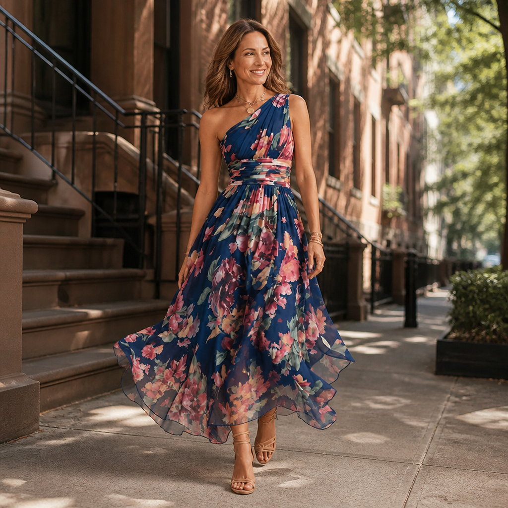 Celeste one-shoulder floral maxi dress by Bennett and Lowe, flowing fabric with vibrant floral pattern and elegant design.