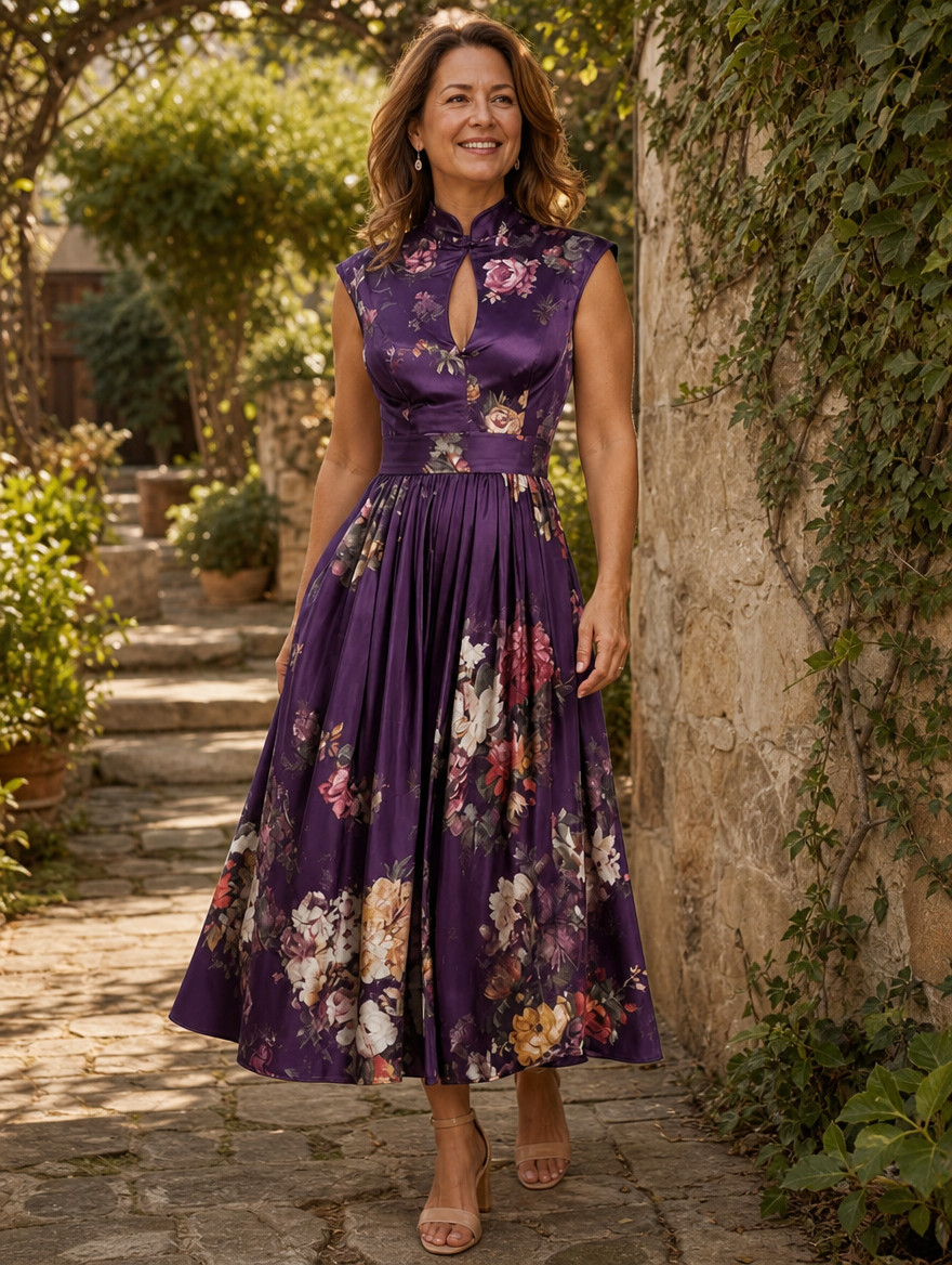 Women's Midi Dress Mandarin Collar Keyhole Floral Full Skirt