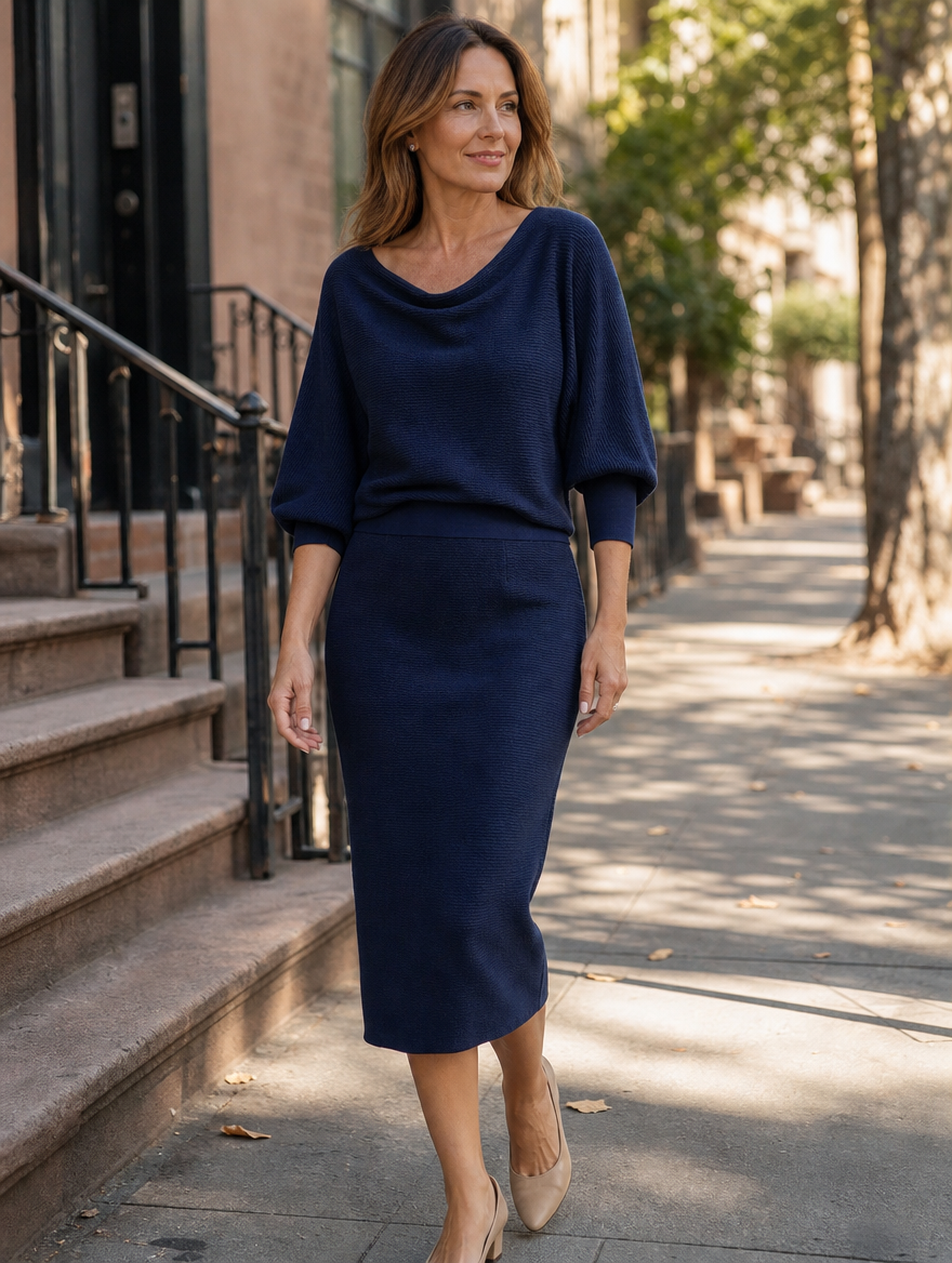 Women's Midi Dress Draped Batwing Sleeve Flowing Relaxed