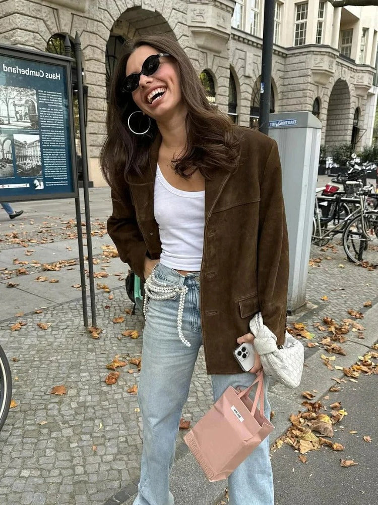 Women's Suede Jacket Brown Long Sleeve Pockets Autumn