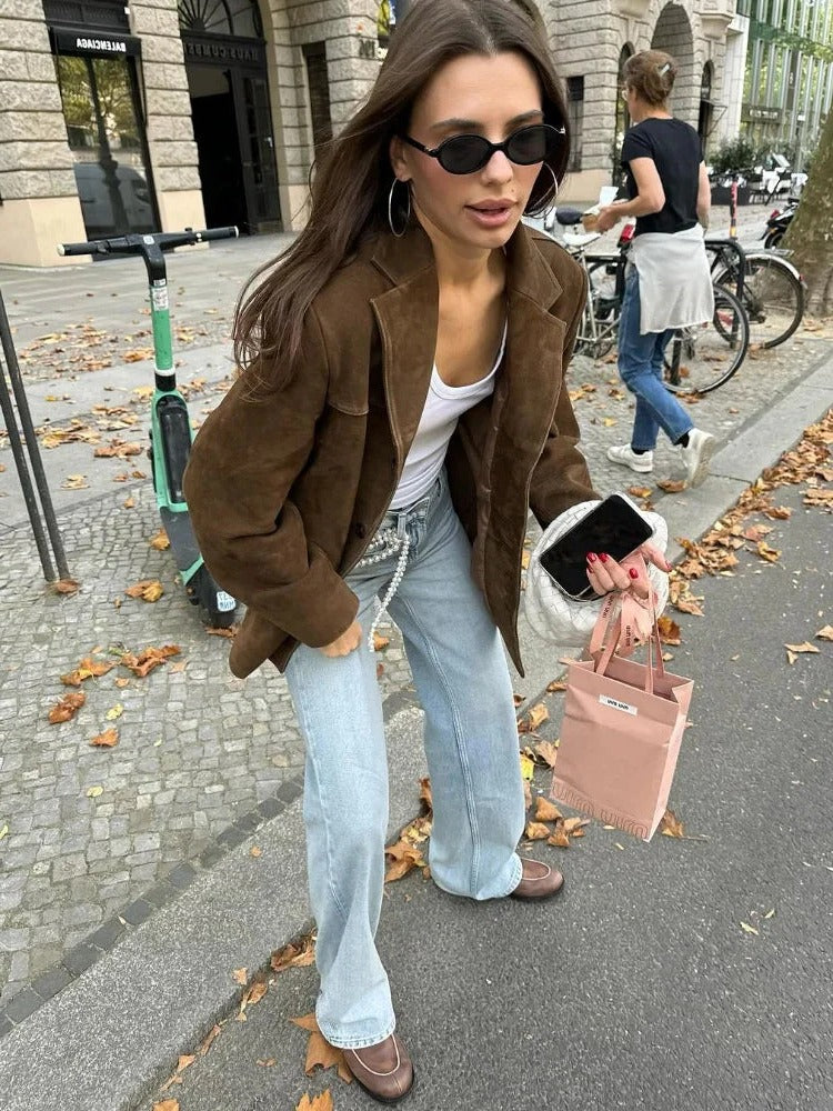 Women's Suede Jacket Brown Long Sleeve Pockets Autumn