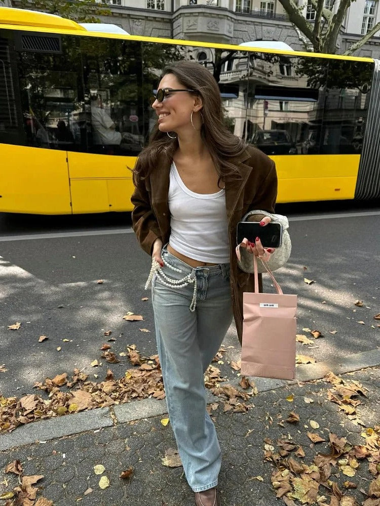 Women's Suede Jacket Brown Long Sleeve Pockets Autumn