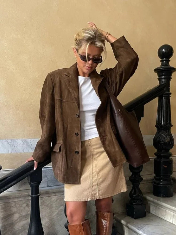 Women's Suede Jacket Brown Long Sleeve Pockets Autumn