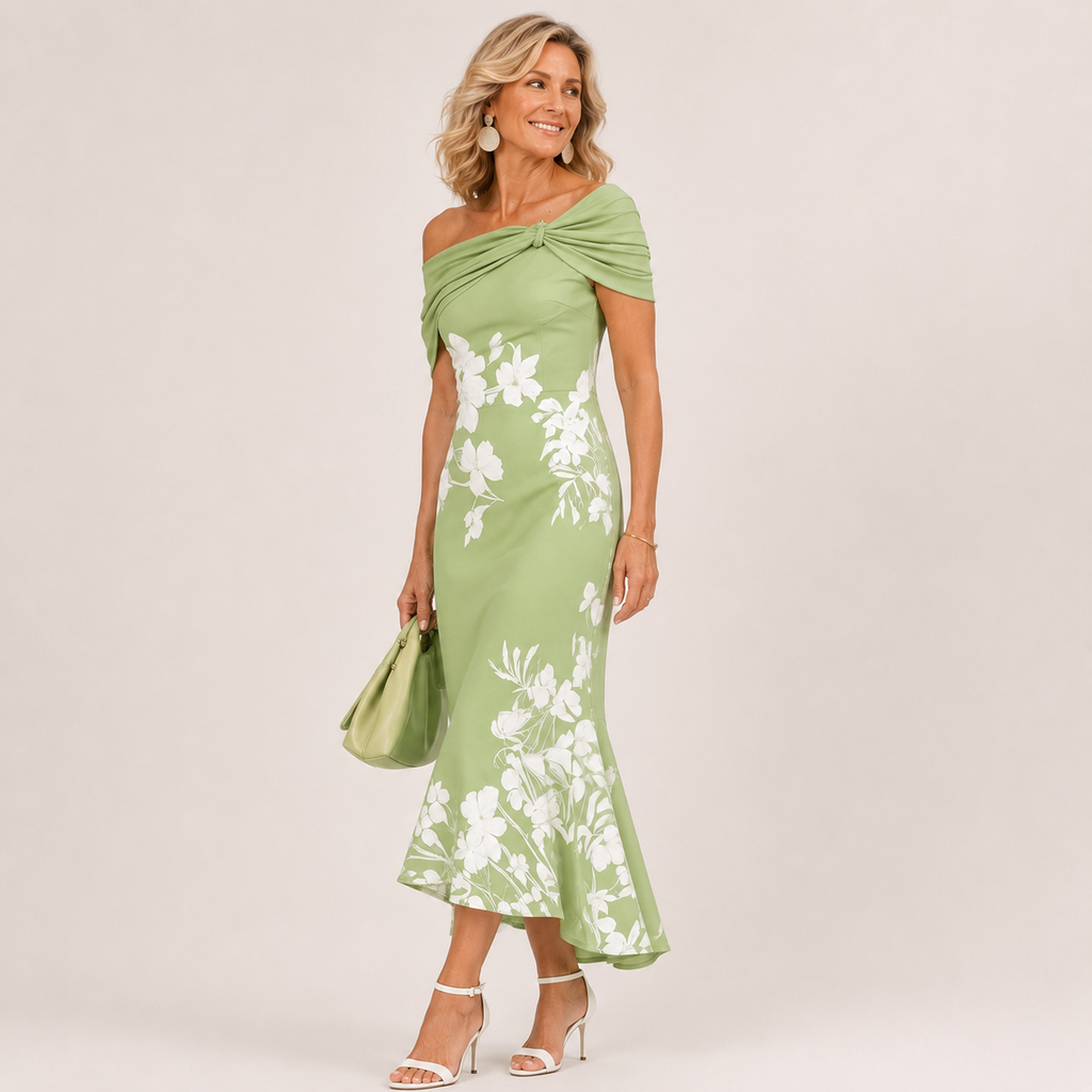 Off-shoulder floral midi dress for women by Bennett and Lowe, featuring a feminine design with colorful flower patterns.