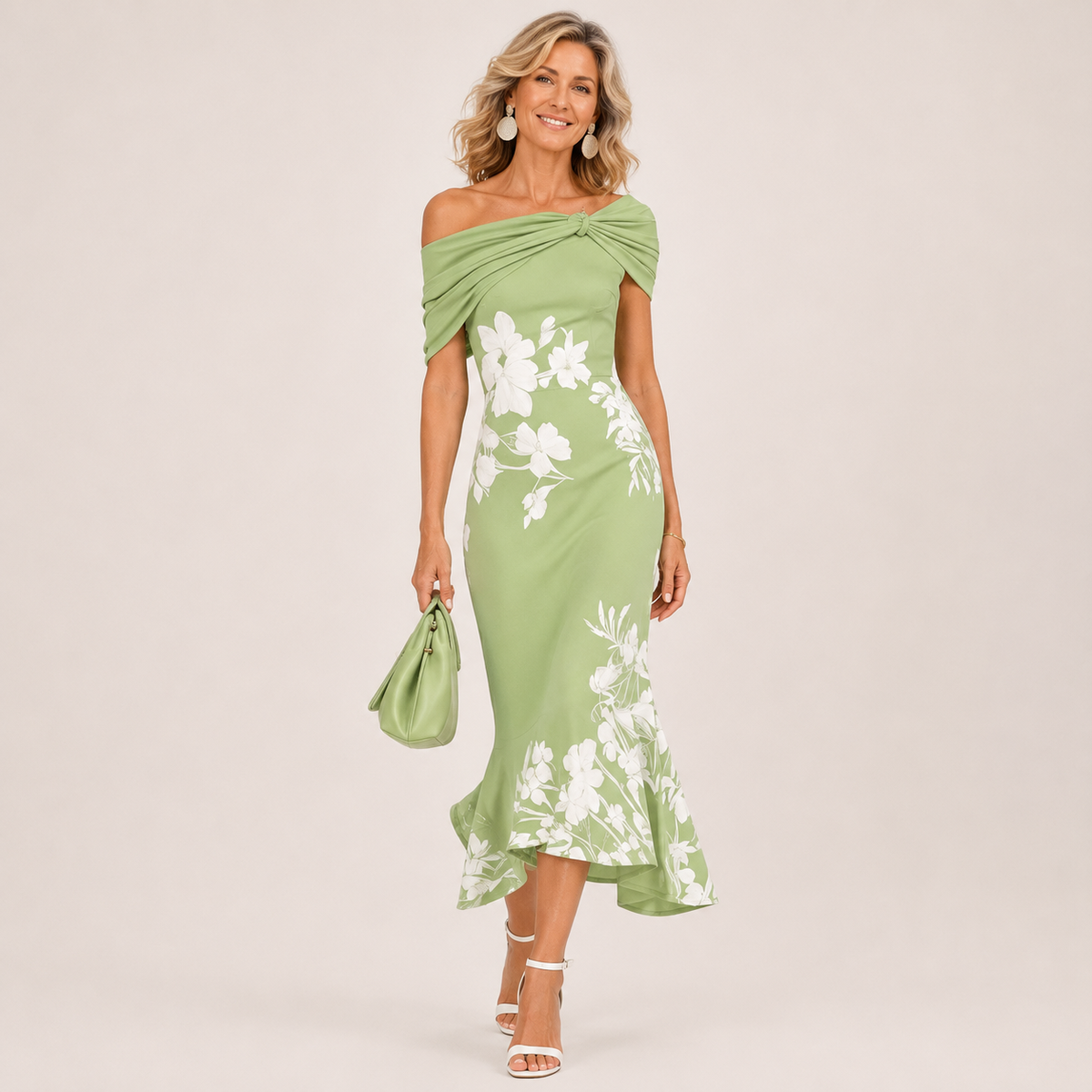 Althea off-shoulder floral midi dress for women by Bennett and Lowe, featuring a flowing fabric with colorful floral patterns.