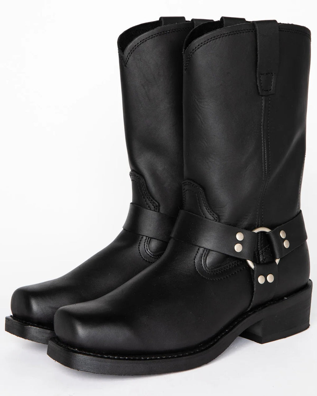 Men's Harness Boots Tall 11 Inch Leather Buckle Black