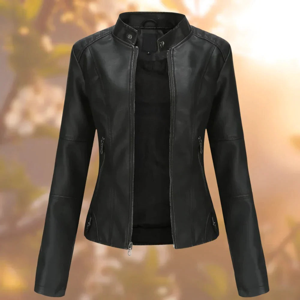 Women's Leather Jacket Stand Collar Metallic Accents Zip Up