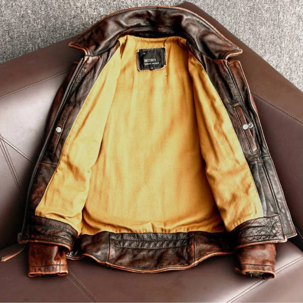 Men's Retro Leather Jacket Cowhide Slim Fit Winter Premium