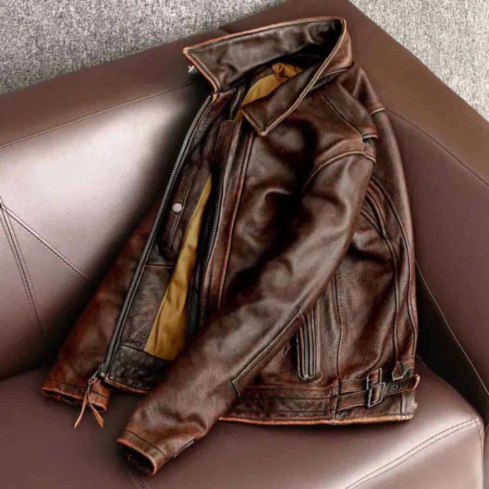 Men's Retro Leather Jacket Cowhide Slim Fit Winter Premium