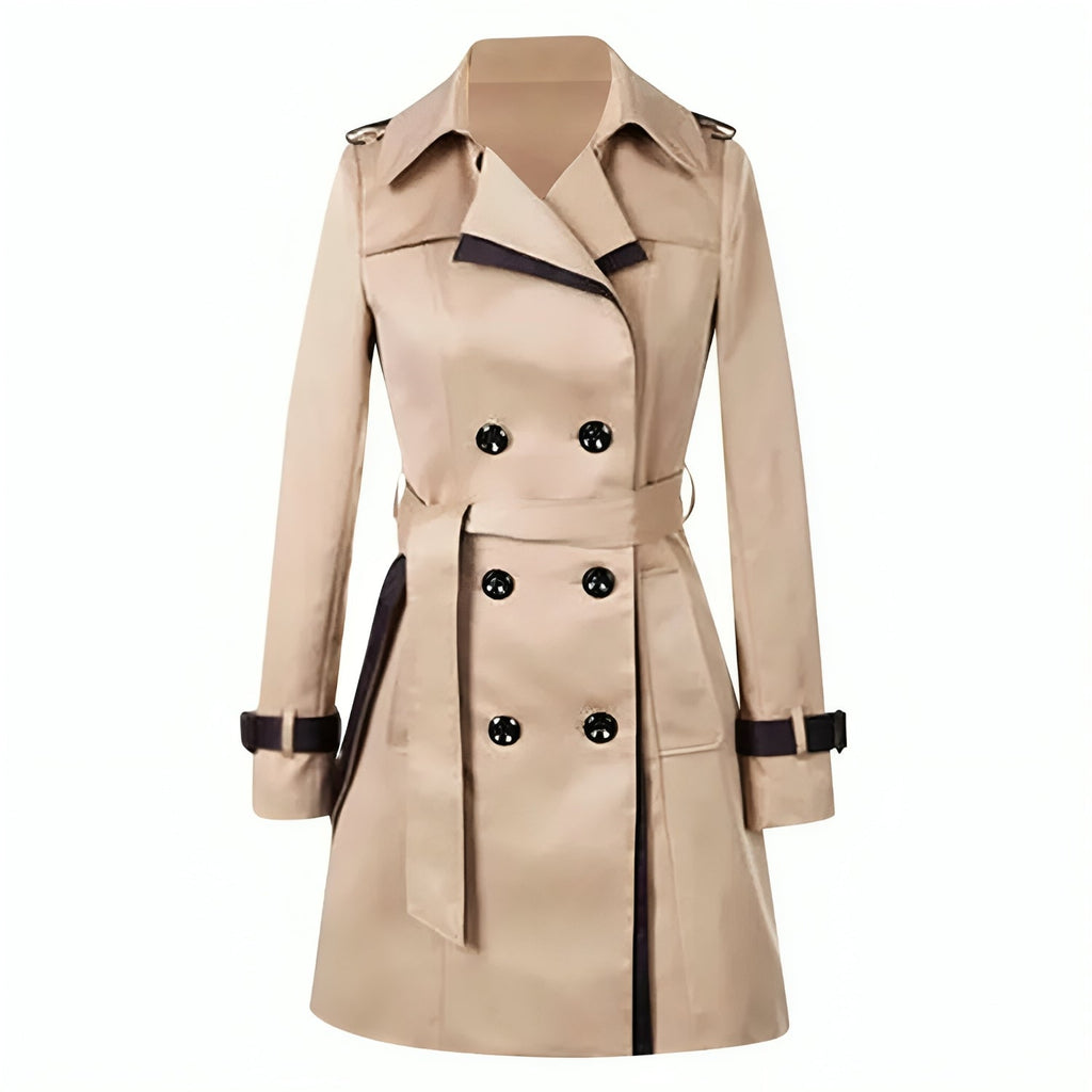 Women's Long Trench Coat Wrap Belt Buttoned Black