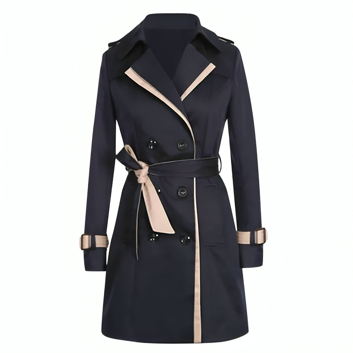 Women's Long Trench Coat Wrap Belt Buttoned Black