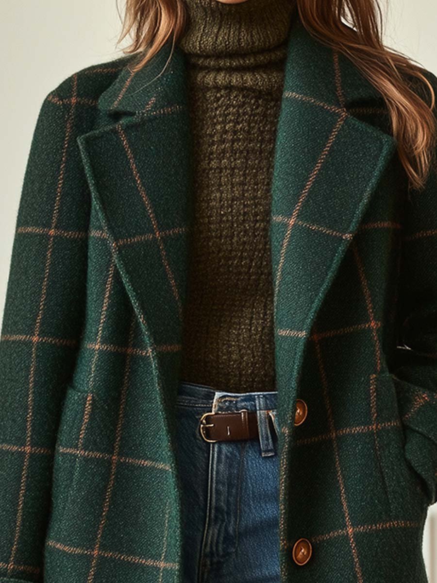 Adeline plaid tweed lapel long-sleeve coat for women by Bennett and Lowe, featuring a classic plaid pattern and tailored fit.