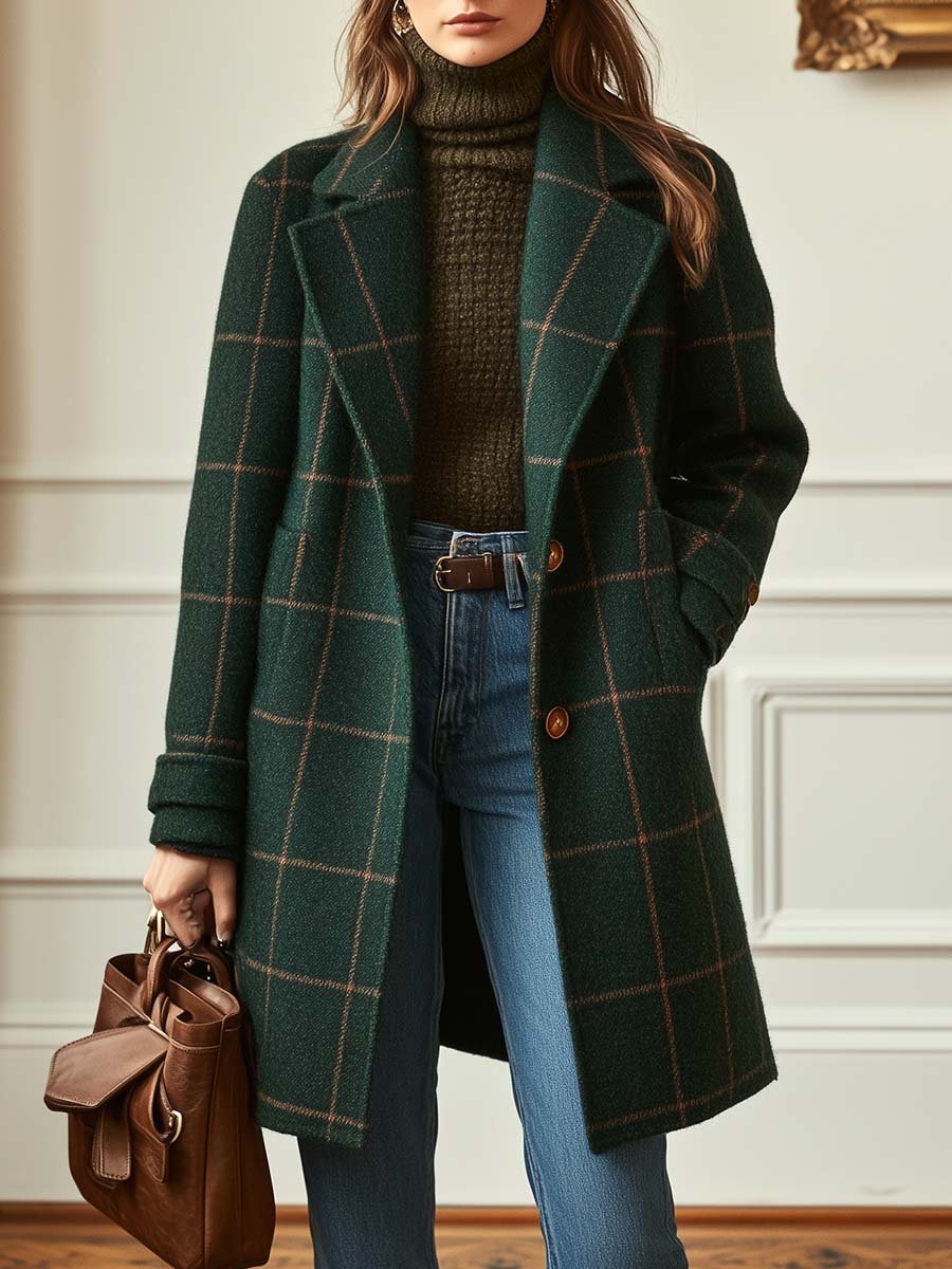 Adeline women's plaid tweed lapel coat with long sleeves by Bennett and Lowe, shown in a stylish plaid pattern.