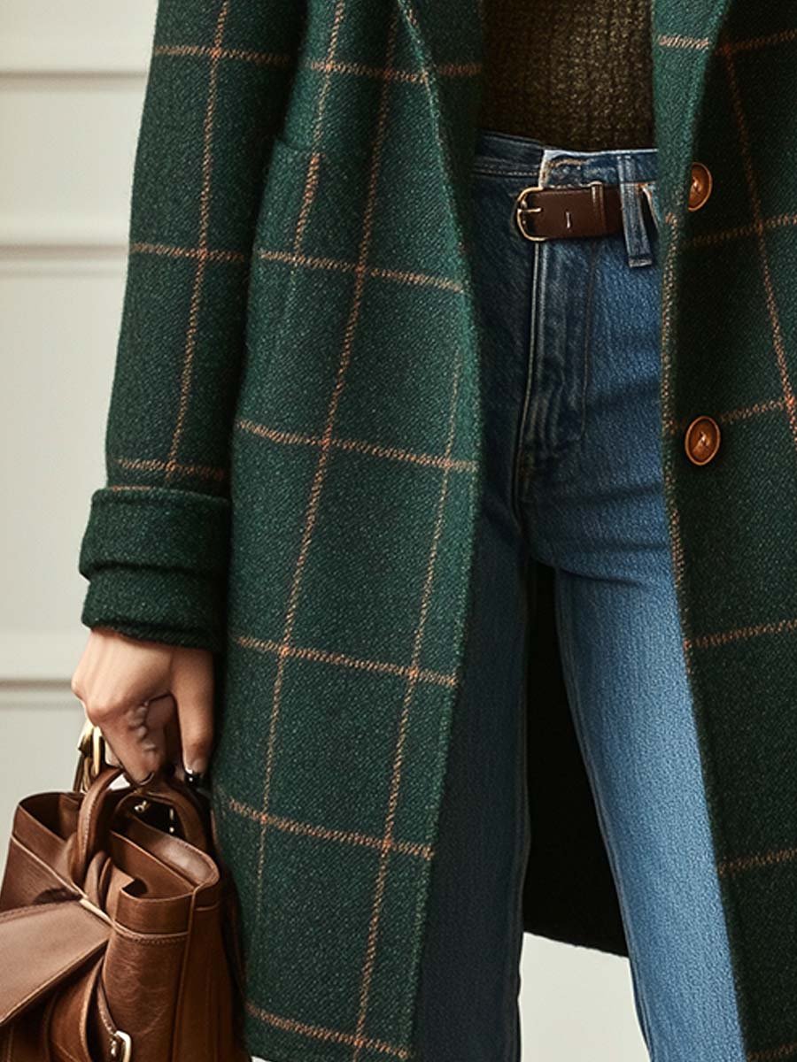 Adeline plaid tweed long-sleeve coat for women with lapel collar in classic plaid pattern, from Bennett and Lowe.