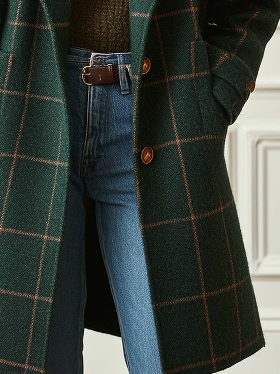Adeline plaid tweed long-sleeve coat for women with lapel collar, tailored fit, and classic pattern in neutral tones.