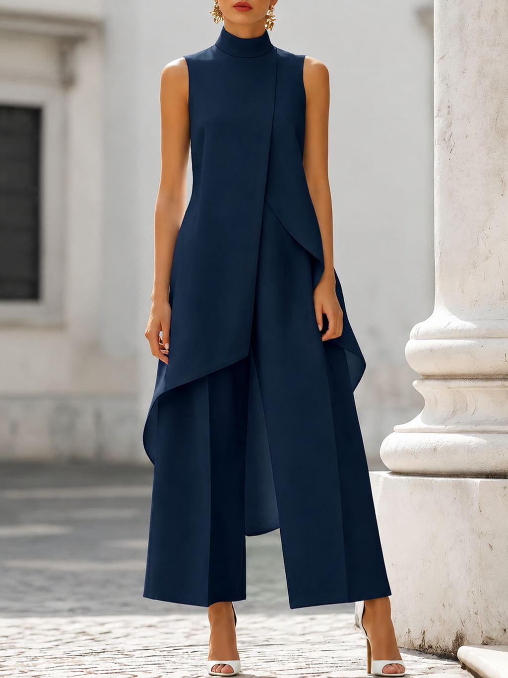Martina high-neck sculpted wide-leg jumpsuit for women by Bennett and Lowe, shown in black with fitted bodice and flowing pants.