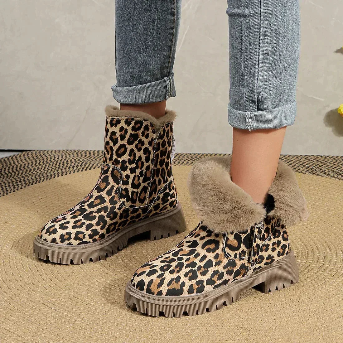 Platform Boots Leopard Print Plush Lined Statement Winter