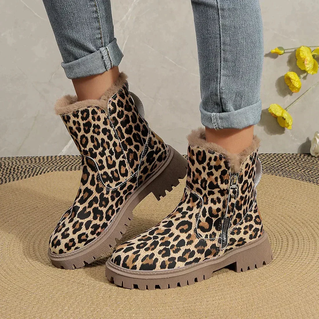 Platform Boots Leopard Print Plush Lined Statement Winter