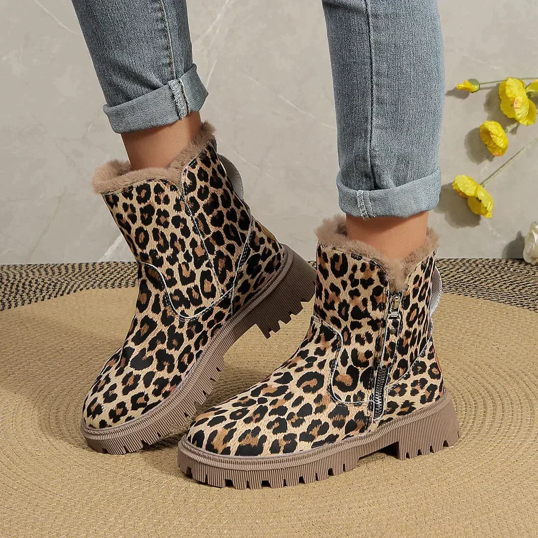 Platform Boots Leopard Print Plush Lined Statement Winter