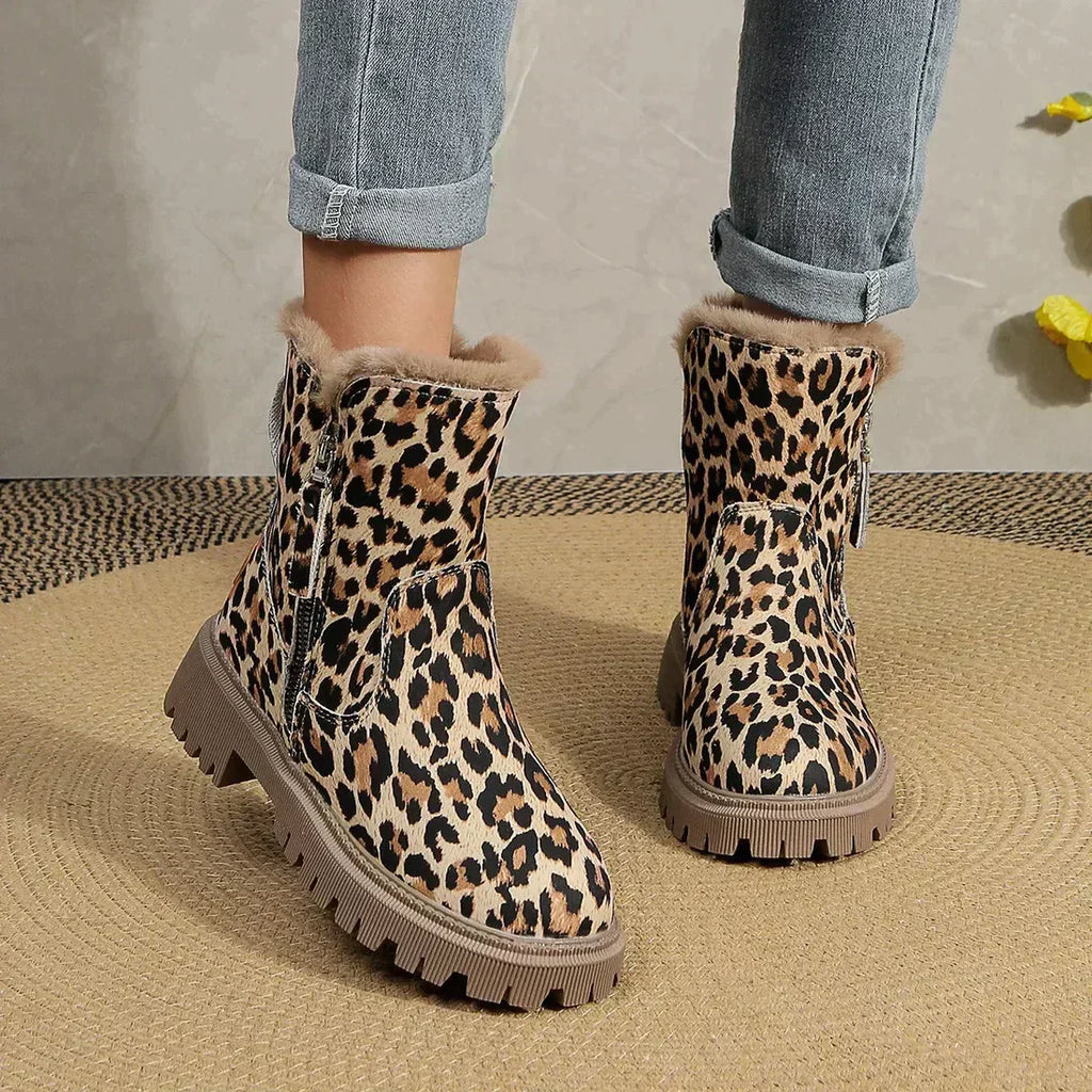 Platform Boots Leopard Print Plush Lined Statement Winter
