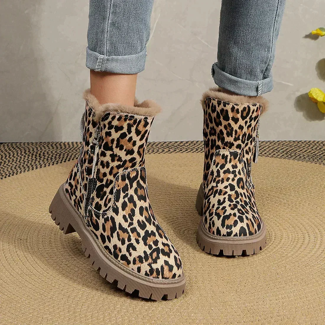 Platform Boots Leopard Print Plush Lined Statement Winter