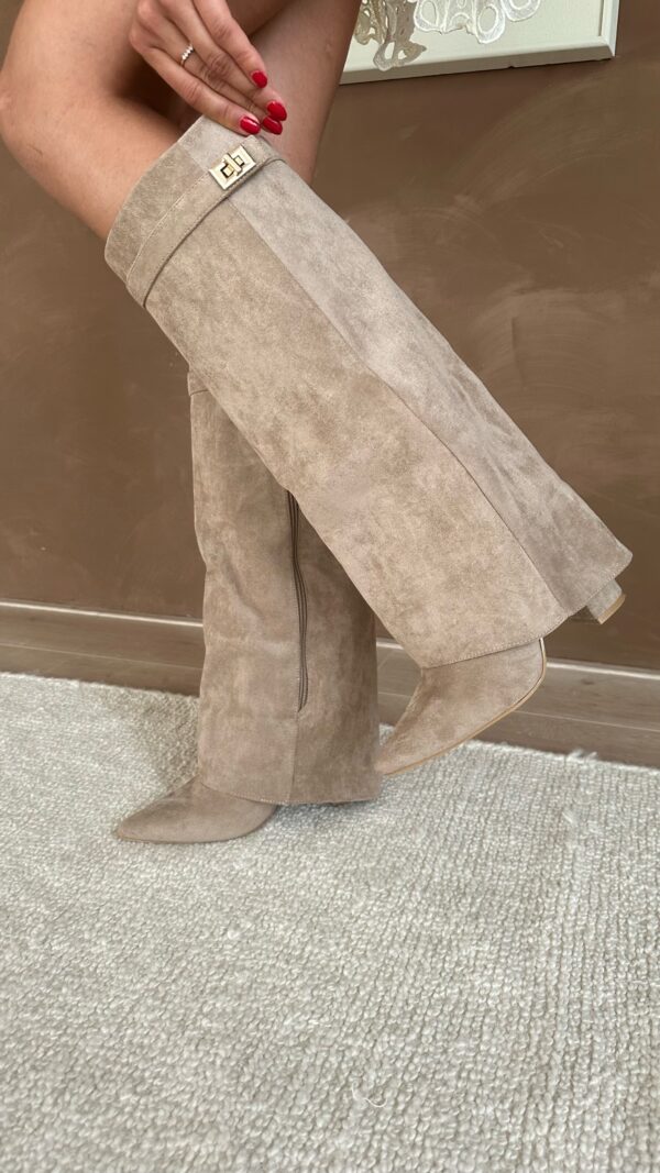Block Heel Boots Buckle Detail Suede Leather Look Elegant