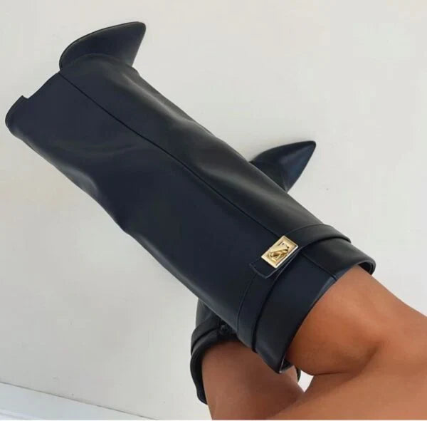 Block Heel Boots Buckle Detail Suede Leather Look Elegant