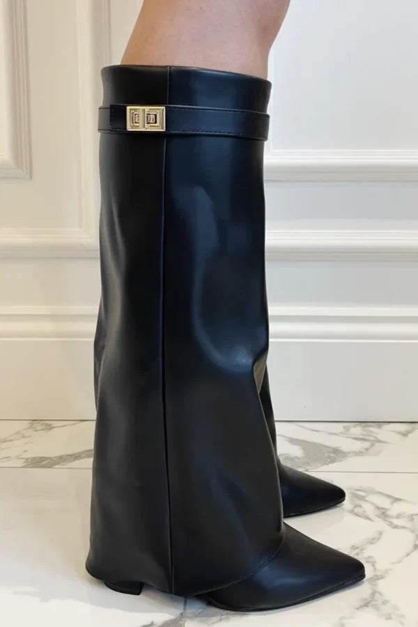 Block Heel Boots Buckle Detail Suede Leather Look Elegant