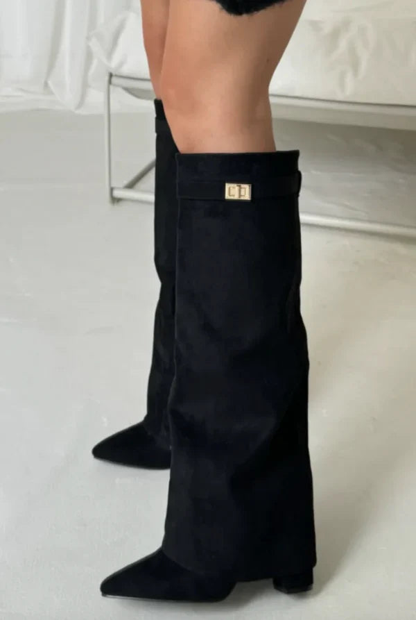 Block Heel Boots Buckle Detail Suede Leather Look Elegant