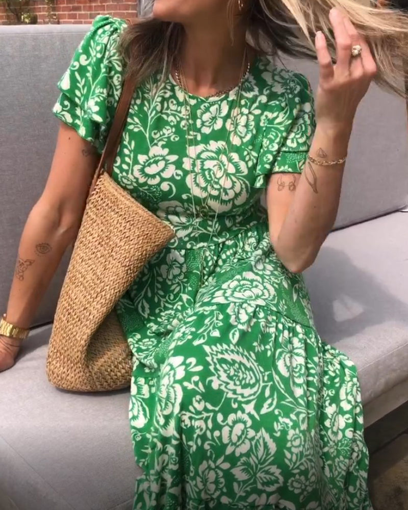 Floral Midi Dress A-Line Short Sleeve