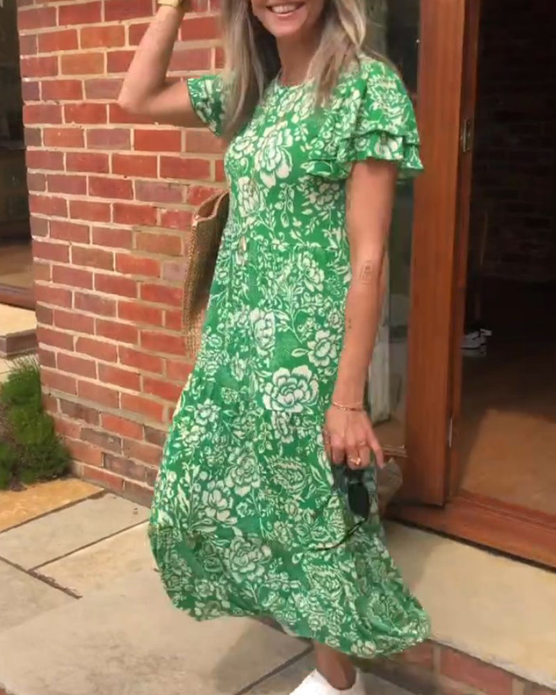 Floral Midi Dress A-Line Short Sleeve