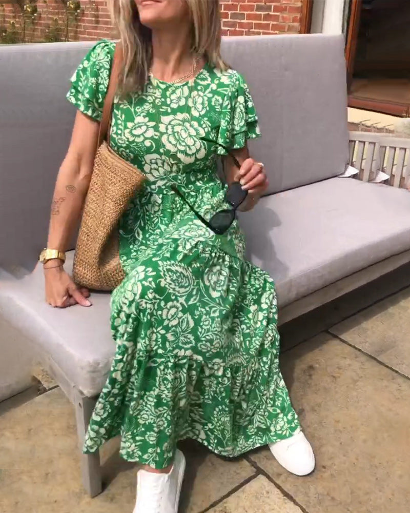 Floral Midi Dress A-Line Short Sleeve