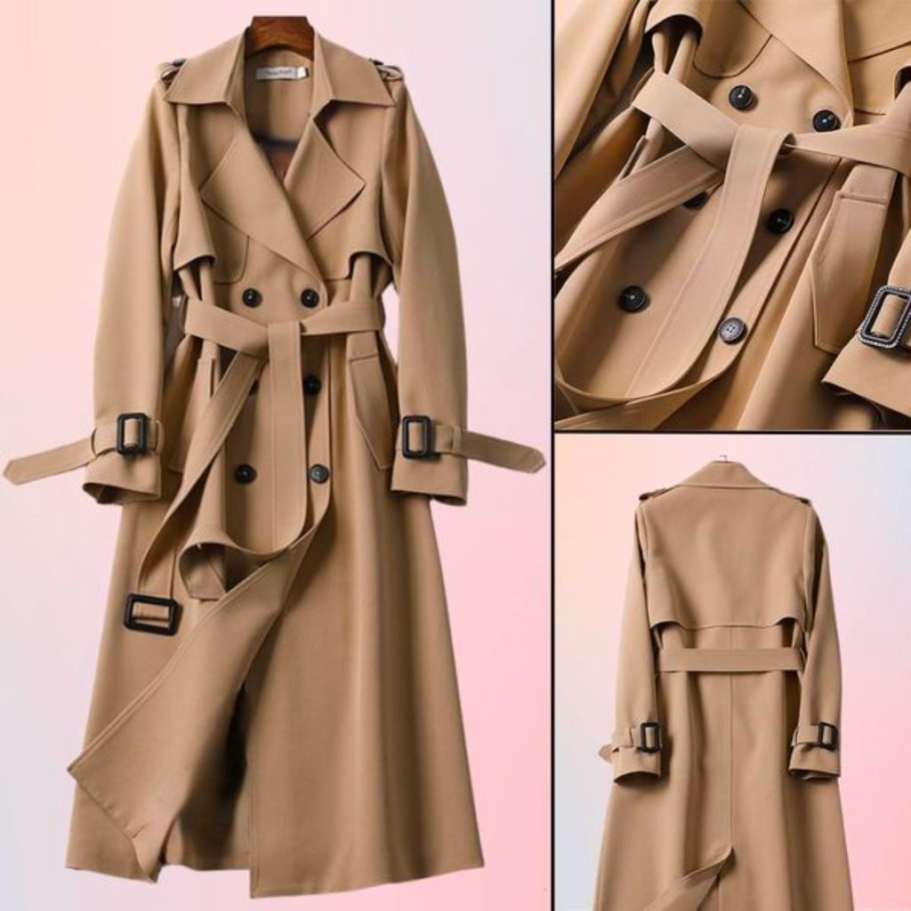 Women's Long Coat Double Breasted Trench Belted Elegant