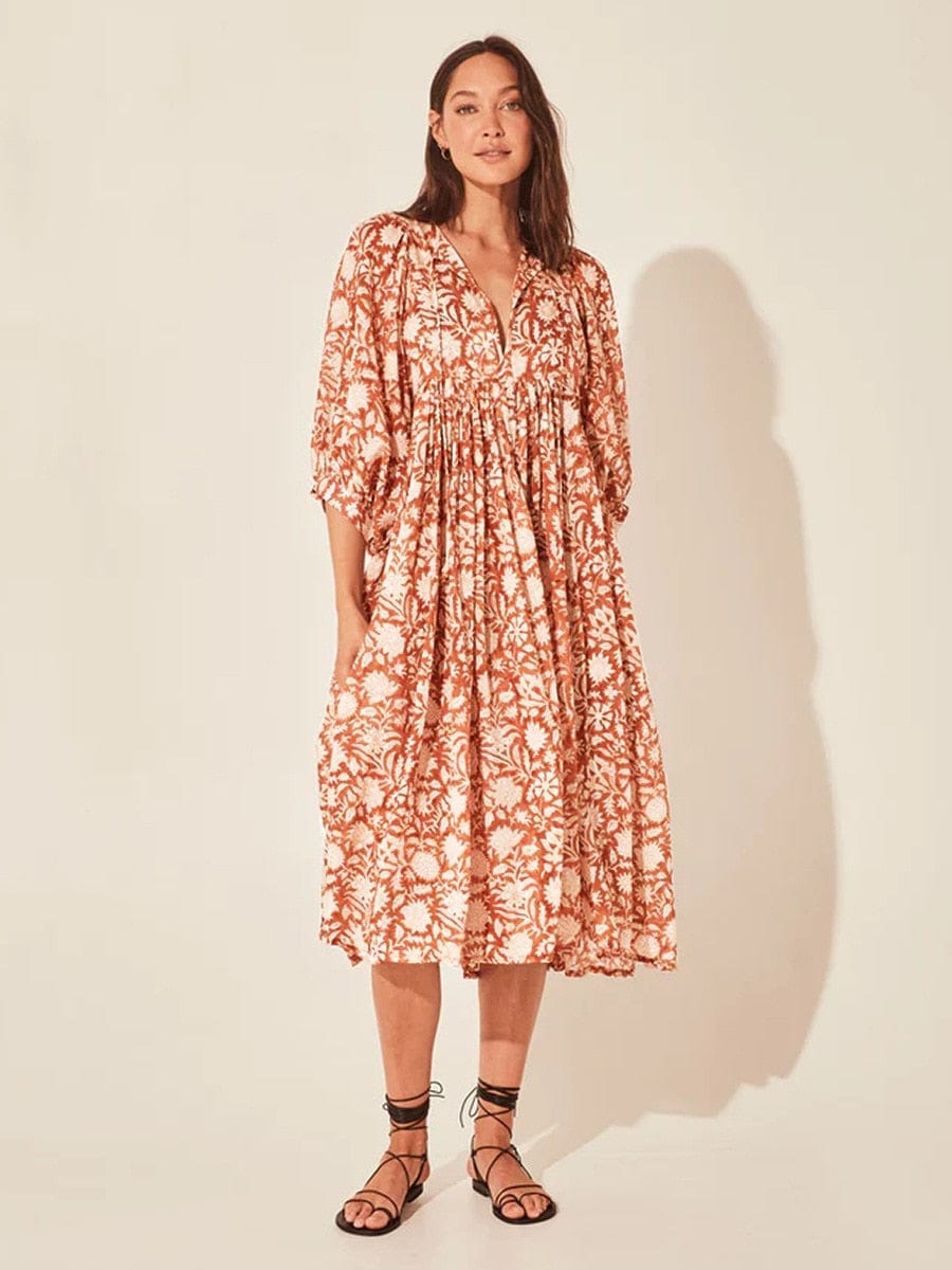 Floral Midi Dress Mid Sleeve
