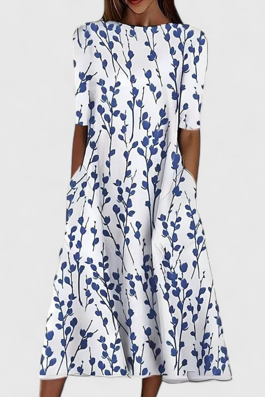 Cotton Round Neck Short-Sleeve A-Line Midi Dress Pockets