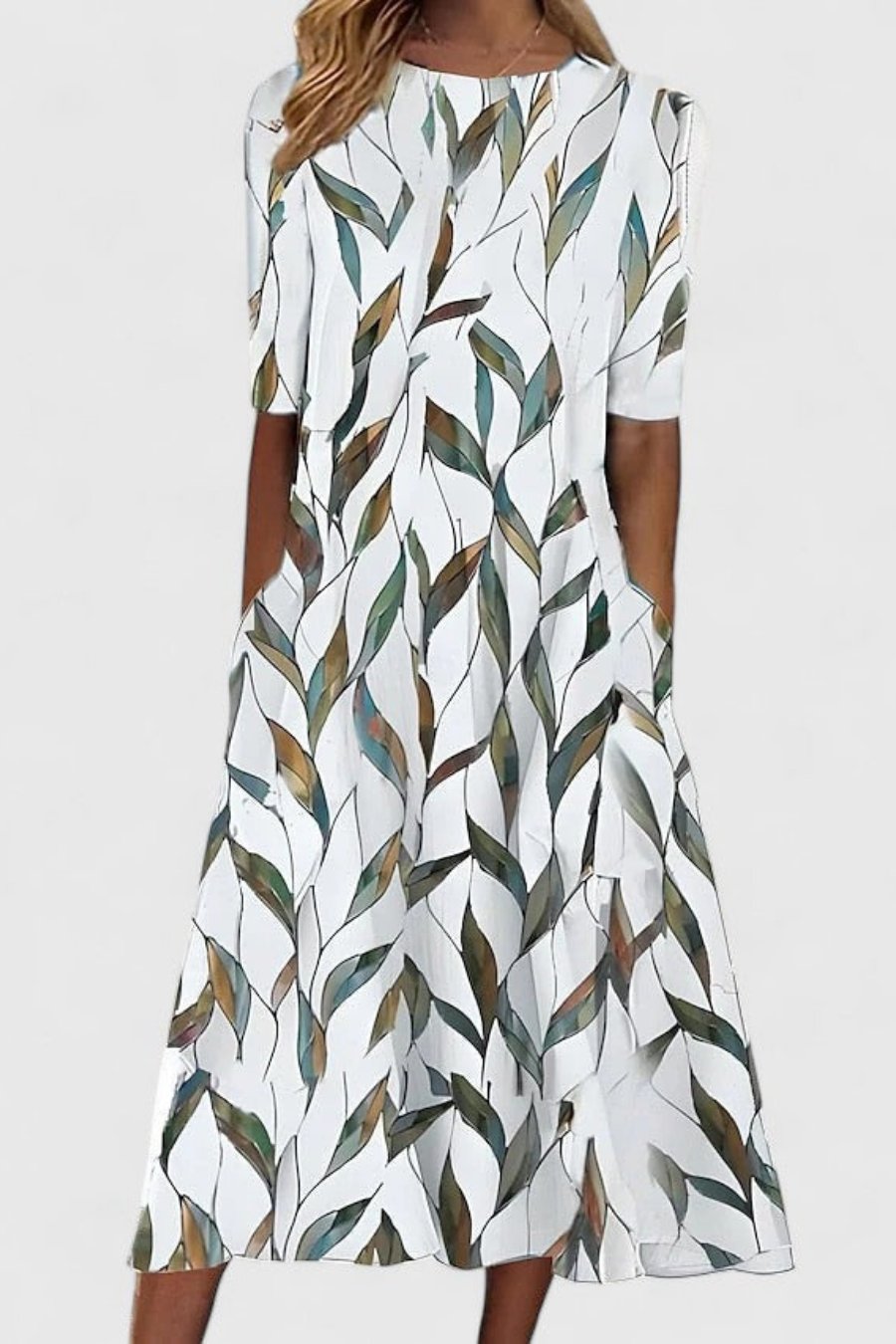 Cotton Round Neck Short-Sleeve A-Line Midi Dress Pockets