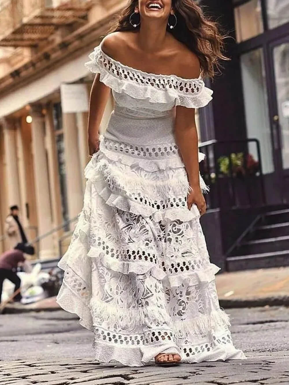 Elegant One Shoulder Ruffle Lace Panel Maxi Dress