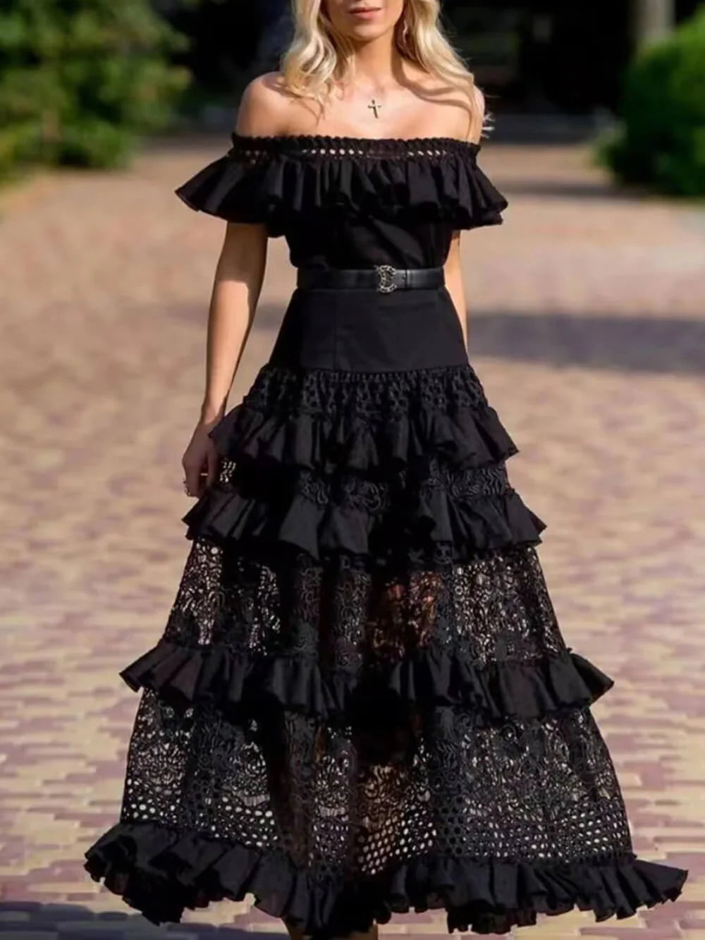Elegant One Shoulder Ruffle Lace Panel Maxi Dress