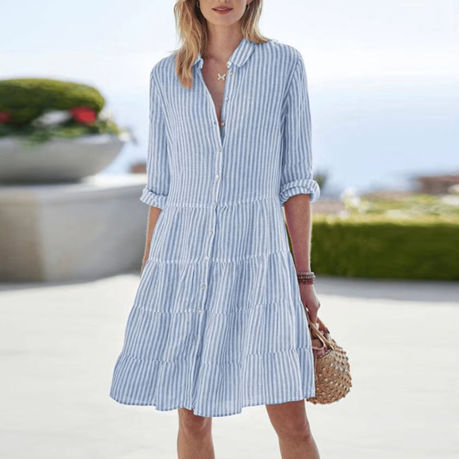 Striped Button-Front Tiered Midi Dress