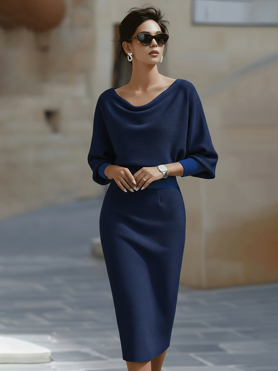 Navy Lydia Bennett and Lowe long sleeve midi dress with draped batwing sleeves, elegant and flowy for women.
