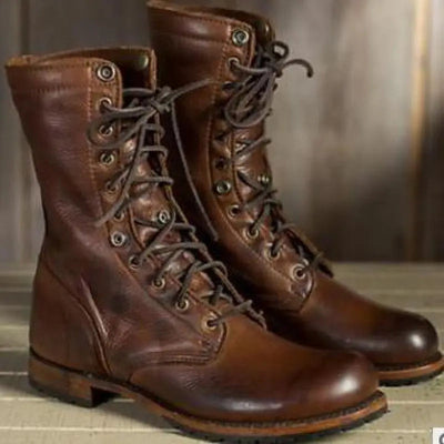 Tall Leather Boots Knee High Block Heel Round Toe Brown